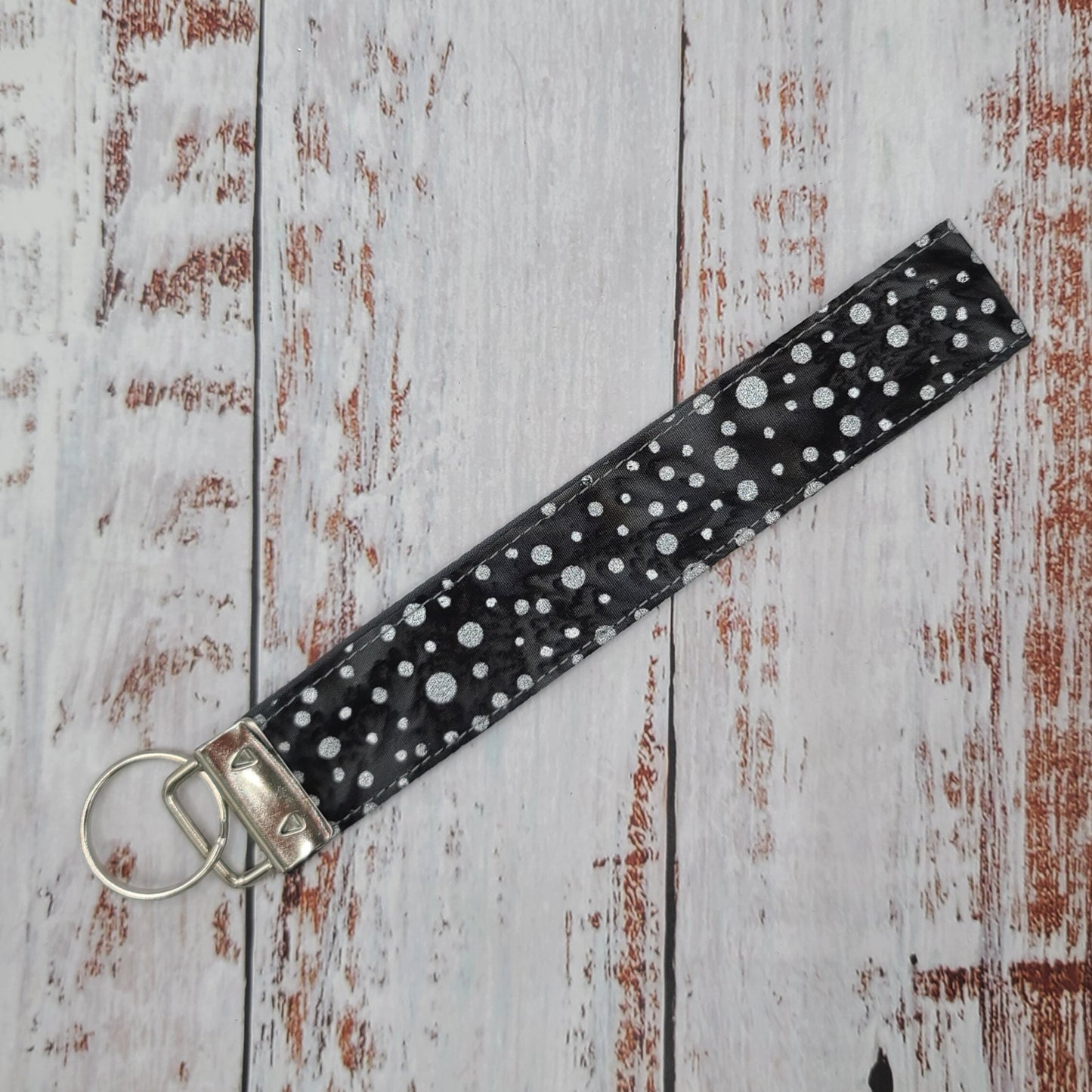 Porte-clé - PERSONNALISÉ - Dragonne - Poignet - Pois argentés - Bande grise foncée