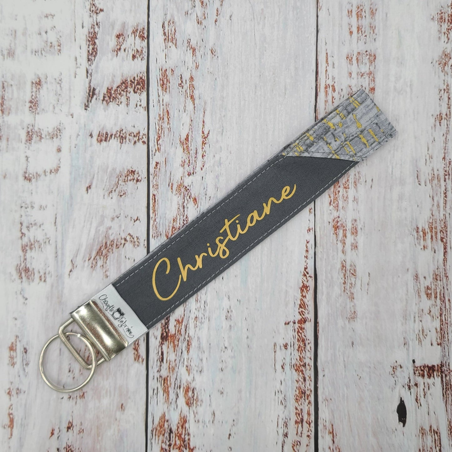 Porte-clé - PERSONNALISÉ - Dragonne - Poignet - Bouleaux gris et or - Bande grise foncée