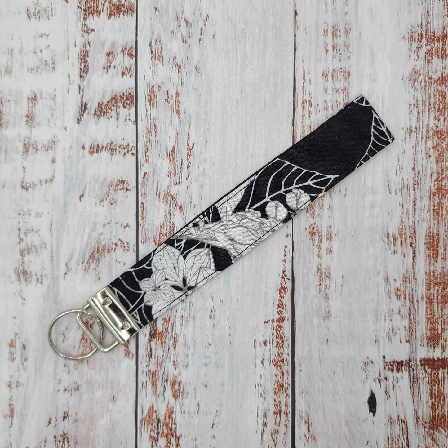 Porte-clé - PERSONNALISÉ - Dragonne - Poignet - Fleurs noires et blanches - Bande noire
