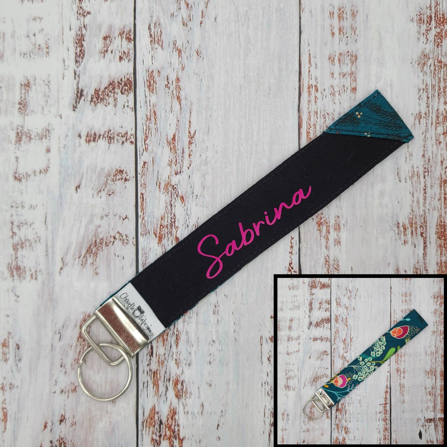 Porte-clé - PERSONNALISÉ - Dragonne - Poignet - Fleurs sur tiges - Bande noire