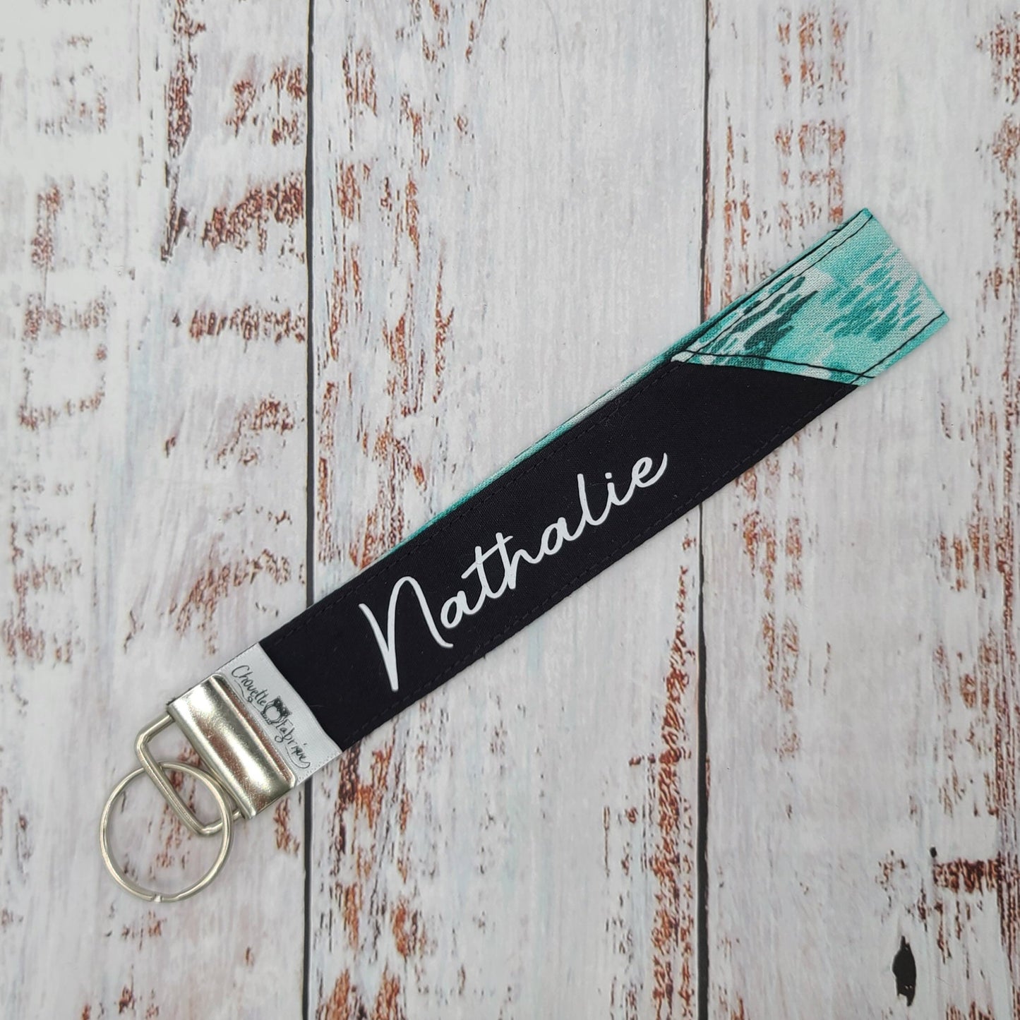 Porte-clé - PERSONNALISÉ - Dragonne - Poignet - Abstrait turquoise - Bande noire