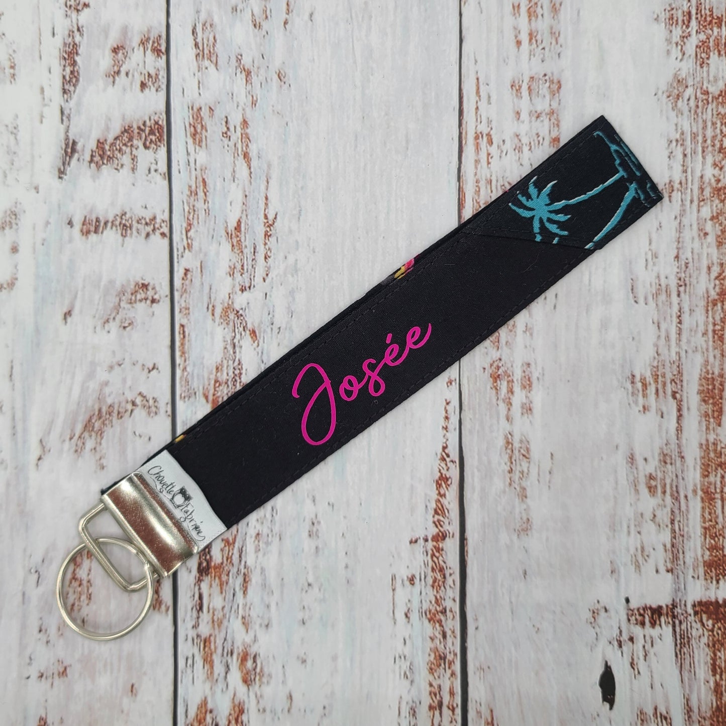 Porte-clé - PERSONNALISÉ - Dragonne - Poignet - Flamants roses sur fond noir - Bande noire