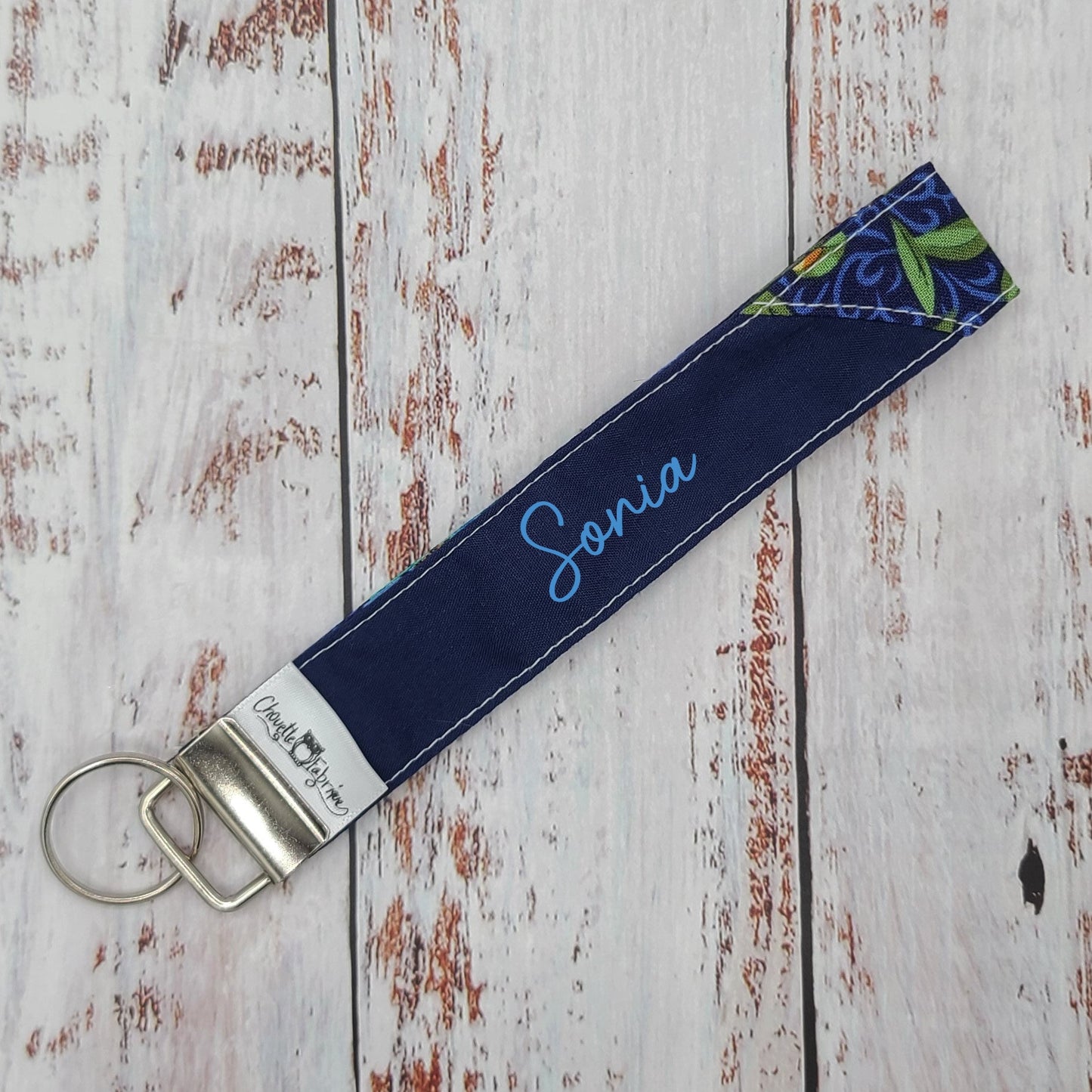 Porte-clé - PERSONNALISÉ - Dragonne - Poignet - Fleurs jaunes sur fond marine - Bande marine