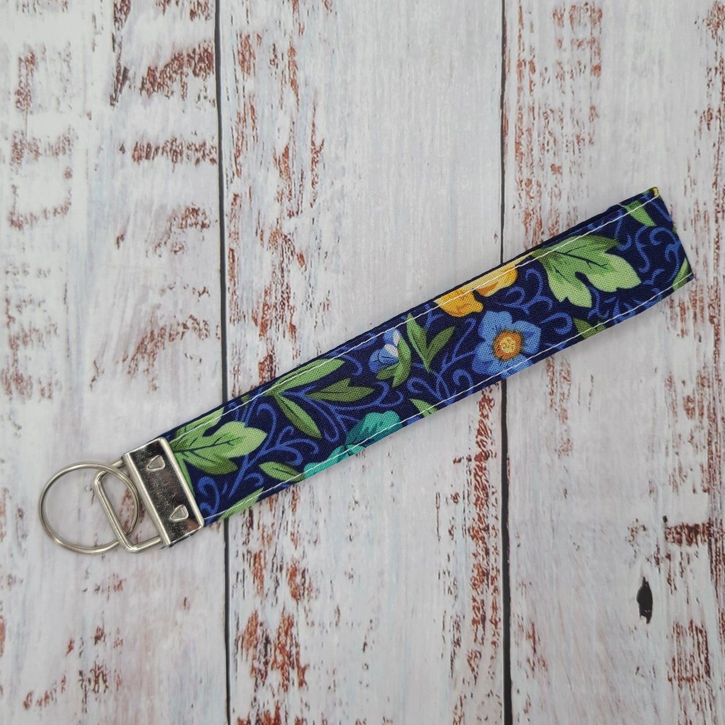 Porte-clé - PERSONNALISÉ - Dragonne - Poignet - Fleurs jaunes sur fond marine - Bande marine