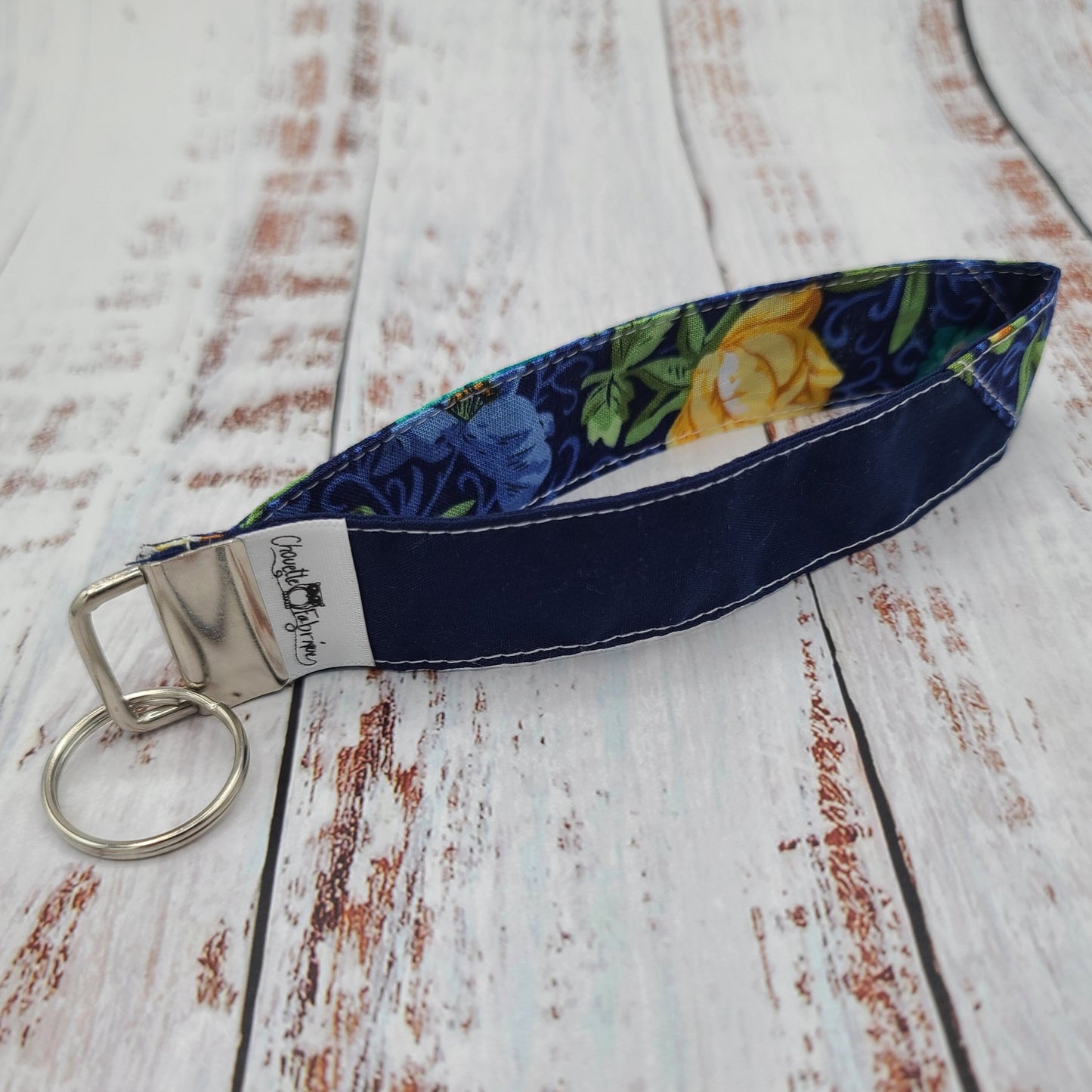 Porte-clé - PERSONNALISÉ - Dragonne - Poignet - Fleurs jaunes sur fond marine - Bande marine