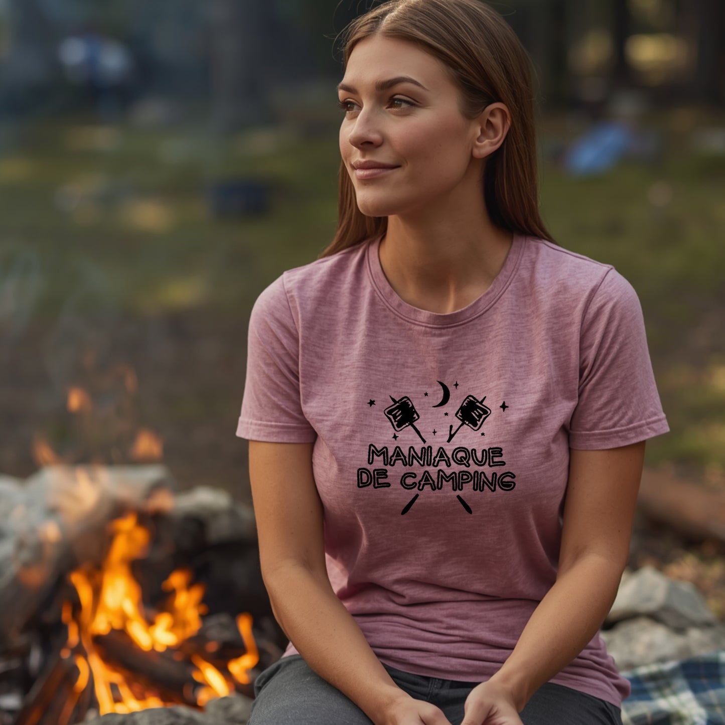 T-shirt unisexe à col rond - CAMPING - Maniaque de camping - Guimauves et lune - V4