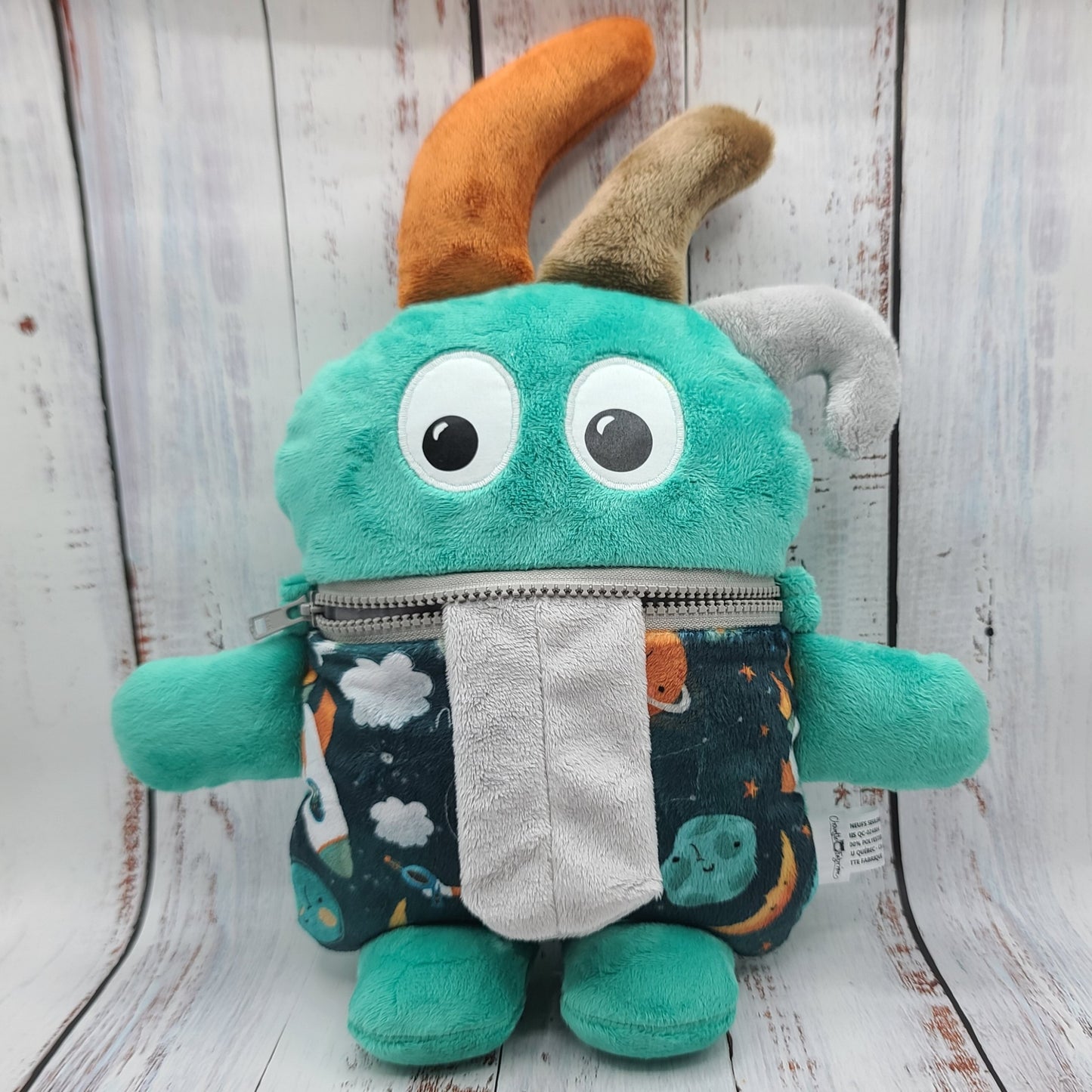 Toutou monstre mangeur de peurs, secrets, etc. - Fusées & Extra-terrestres - Personnalisé au prénom de l'enfant - Menthe