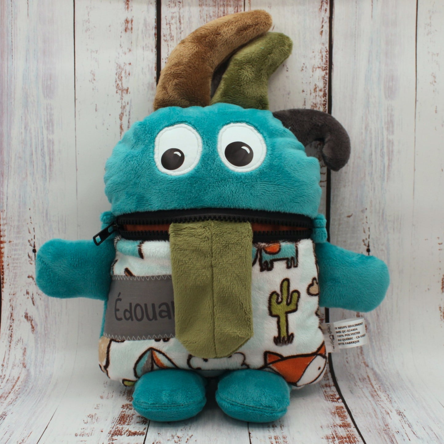 Toutou monstre mangeur de peurs, secrets, etc. - Renard et Cactus - Personnalisé au prénom de l'enfant - Turquoise
