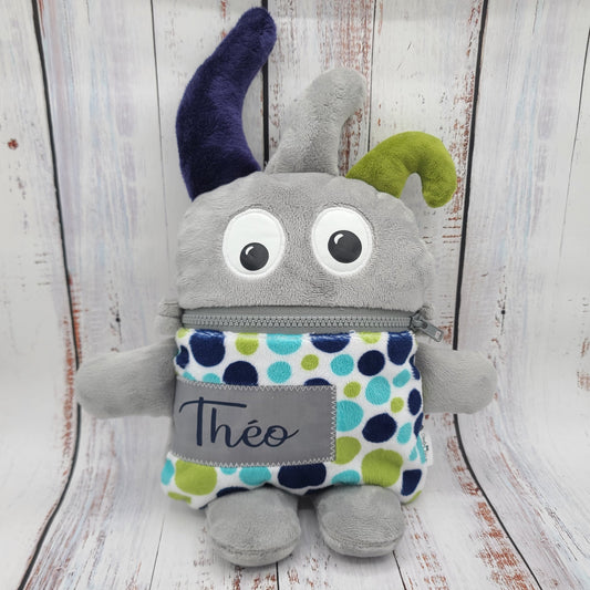 Toutou monstre mangeur de peurs, secrets, etc. - Pois Marine Turquoise et Gris - Personnalisé au prénom de l'enfant