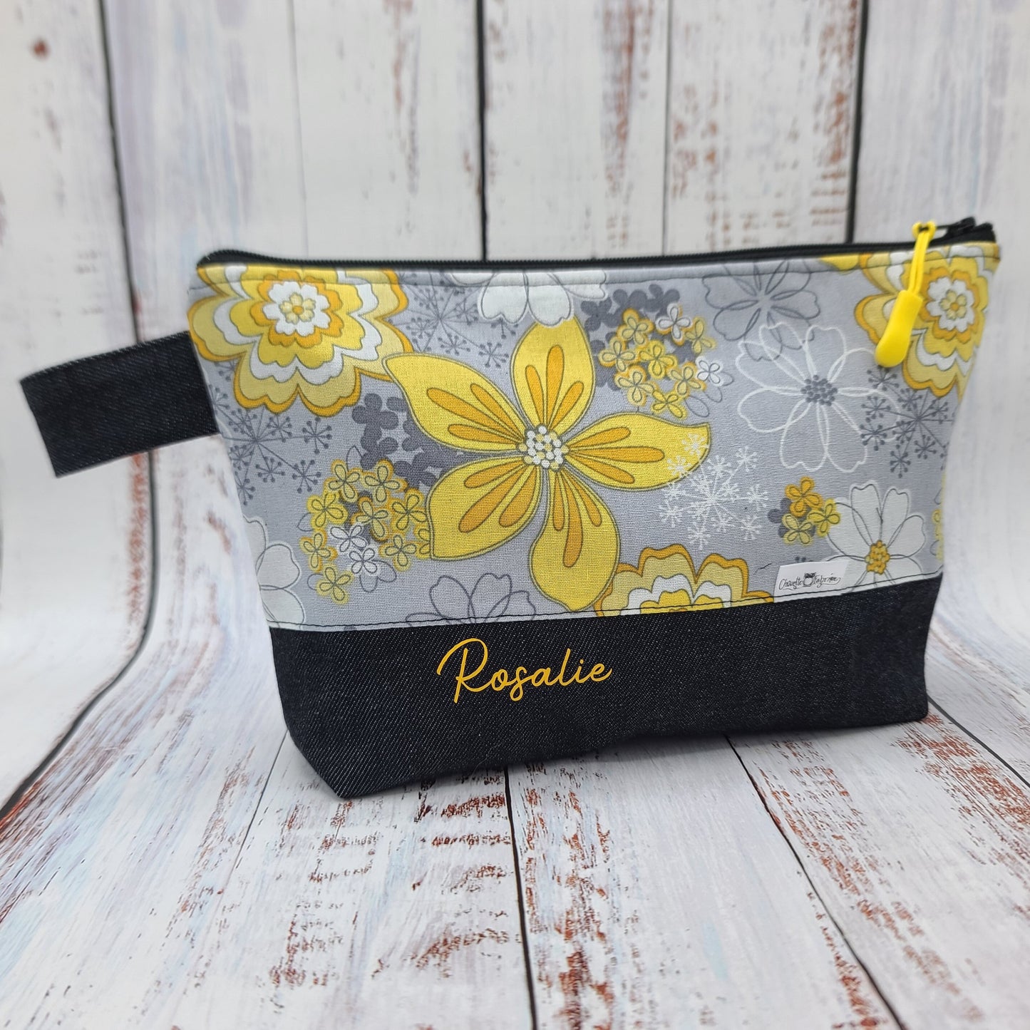 Trousse de voyage - Sac à cosmétiques/maquillage - Étui à crayons - Fleurs jaunes sur fond gris