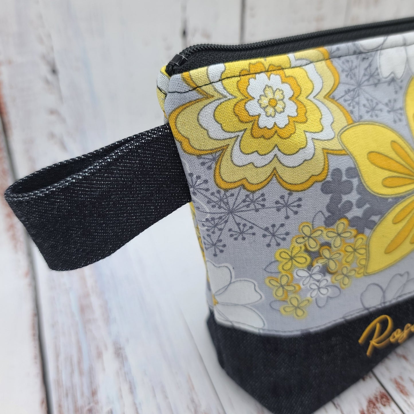 Trousse de voyage - Sac à cosmétiques/maquillage - Étui à crayons - Fleurs jaunes sur fond gris