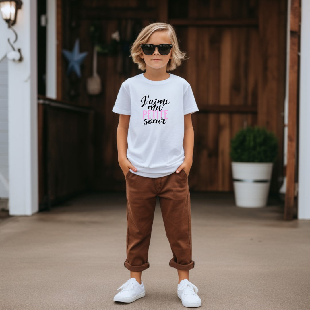 T-shirt - ENFANTS (gr. 2T à XL) - Col rond - BLANC - J'aime ma petite soeur