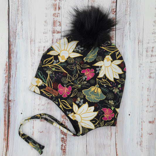 ADULTE - Tuque Printemps/Automne (JERSEY) avec Cordons Pompon amovible - Motifs Or, blanc et fuchsia sur fond noir