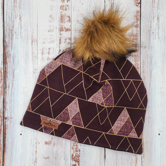 ADULTE - Tuque Hiver (POLAR) Pompon amovible - Motifs Or, rose antique et rouge vin