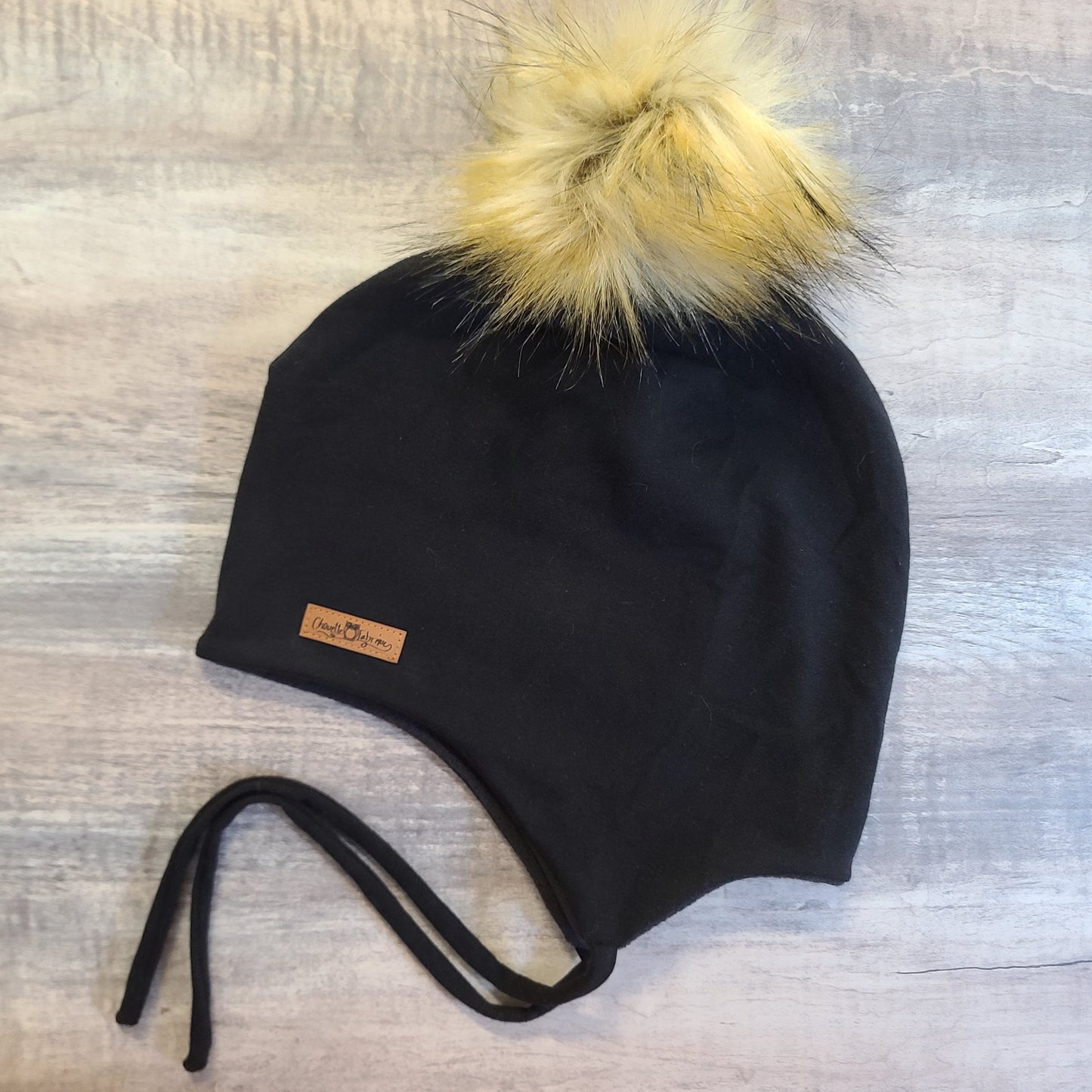ENFANT - Tuque Printemps/Automne (JERSEY) avec Cordons Pompon amovible - UNIE - Noire