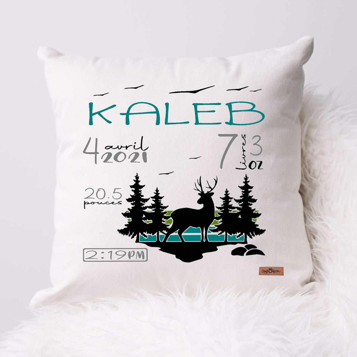 Coussin Statistiques de naissance - Carré - Blanc - CHEVREUIL NATURE FORÊT