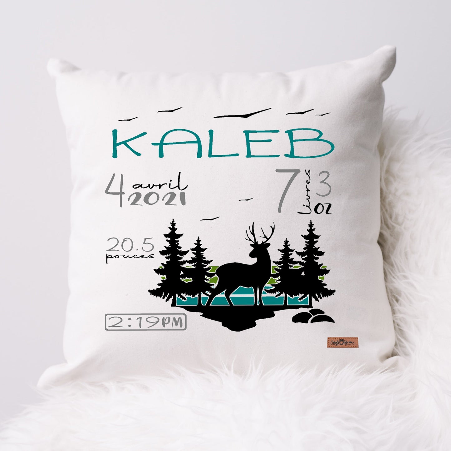 Coussin Statistiques de naissance - Carré - Blanc - CHEVREUIL NATURE FORÊT