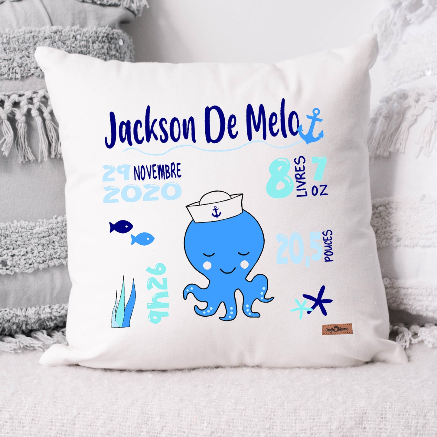 Coussin Statistiques de naissance - Carré - Blanc - PIEUVRE