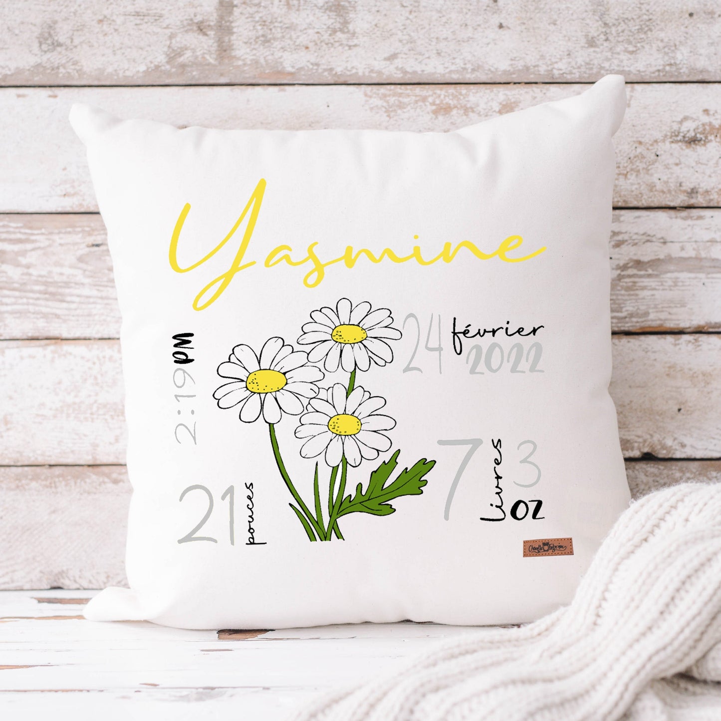 Coussin Statistiques de naissance - Carré - Blanc - MARGUERITE