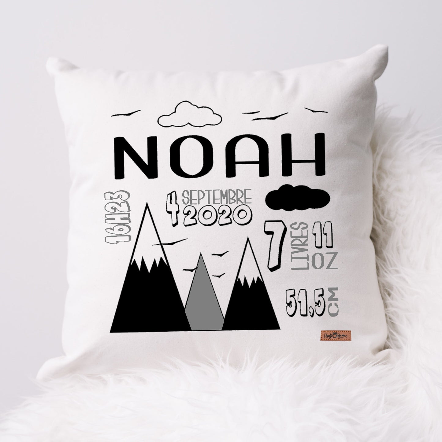 Coussin Statistiques de naissance - Carré - Blanc - MONTAGNES