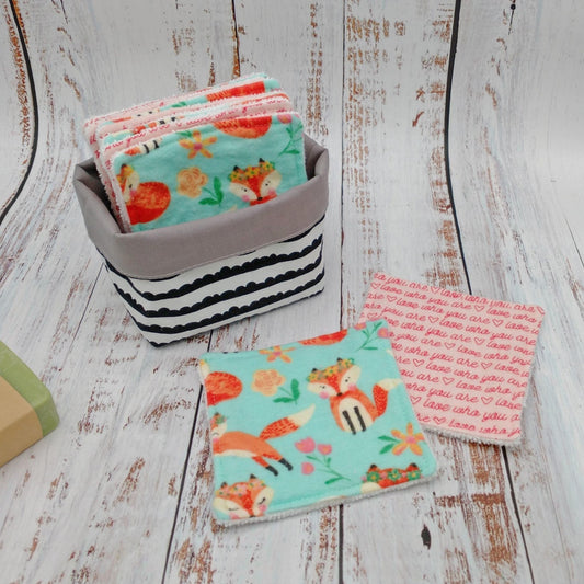 Ensemble 8 Lingettes démaquillantes + Panier réversible - Renards