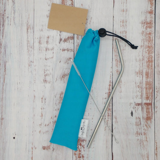 Ensemble "Paille, brosse et pochette de rangement" - Réutilisable, lavable et imperméable - Bleu ciel