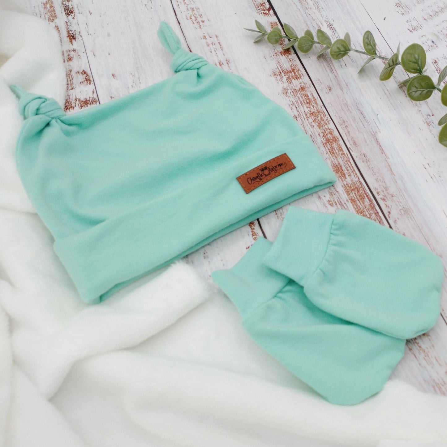 Ensemble de naissance pour bébé - Tuque (2 nœuds) et mitaines pour nouveau-né ou 0-3 mois - Menthe