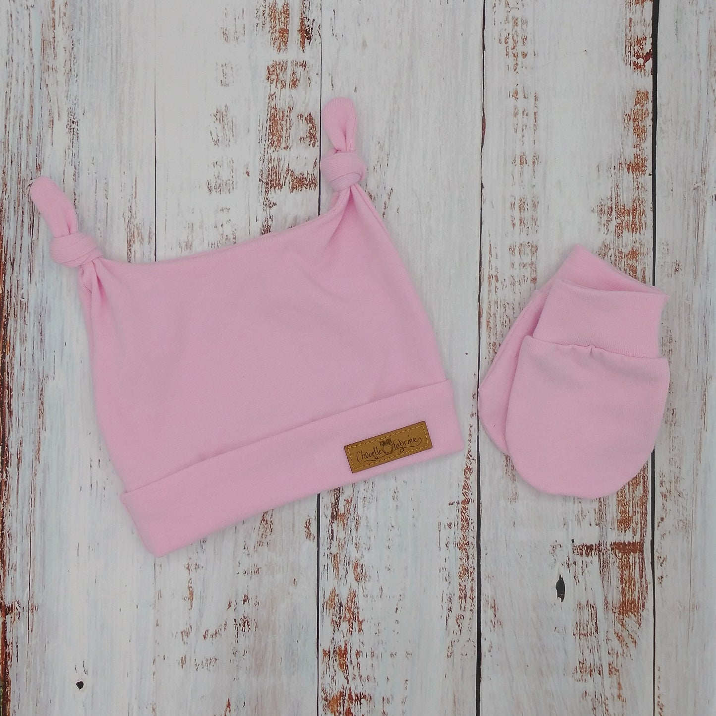 Ensemble de naissance pour bébé - Tuque (2 nœuds) et mitaines pour nouveau-né ou 0-3 mois - Rose