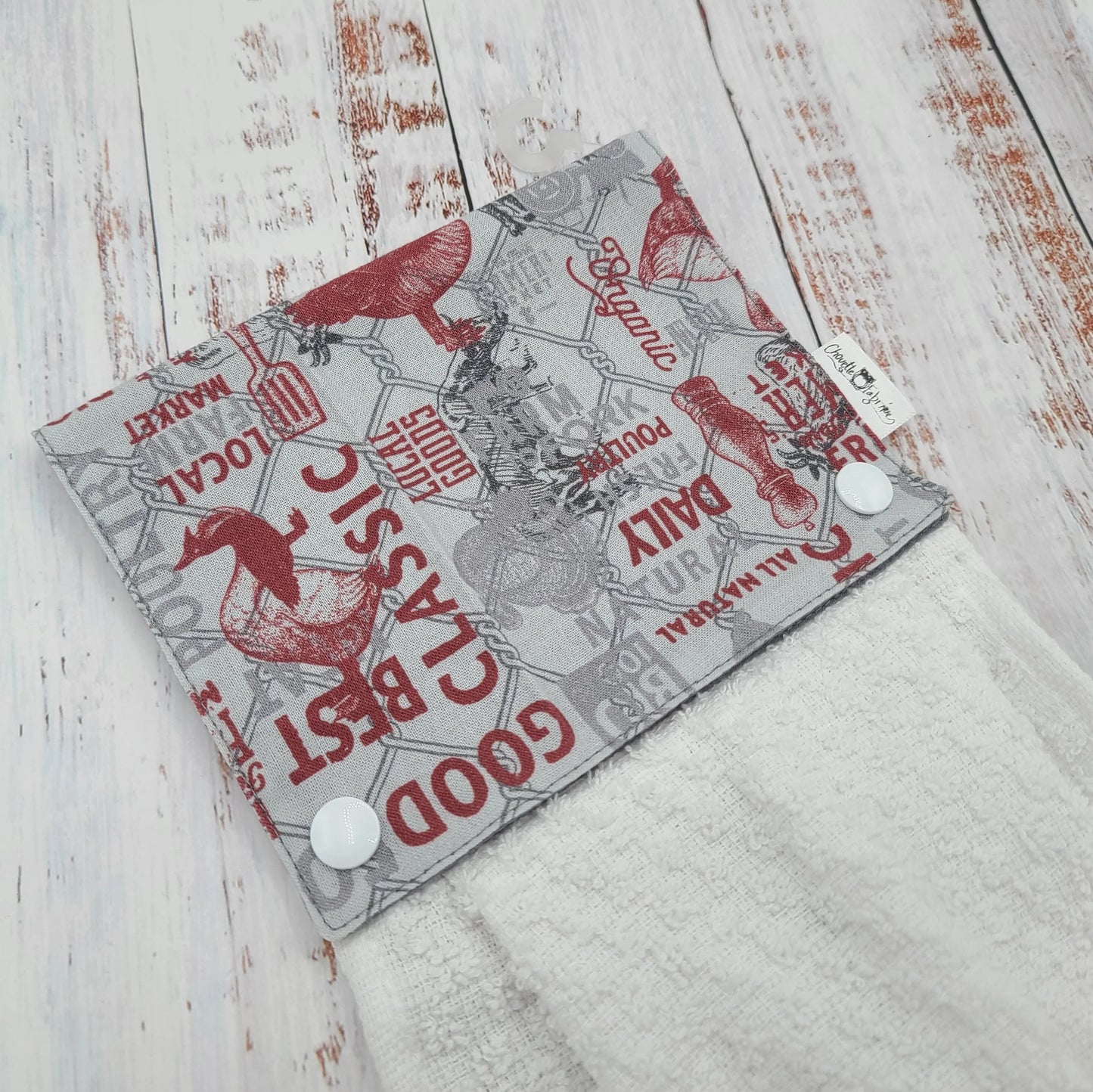 Essuie-mains - Serviette à mains - Cuisine/VR(Camping) - Serviette blanche - Agricole - Marché Local - Rouge et grise