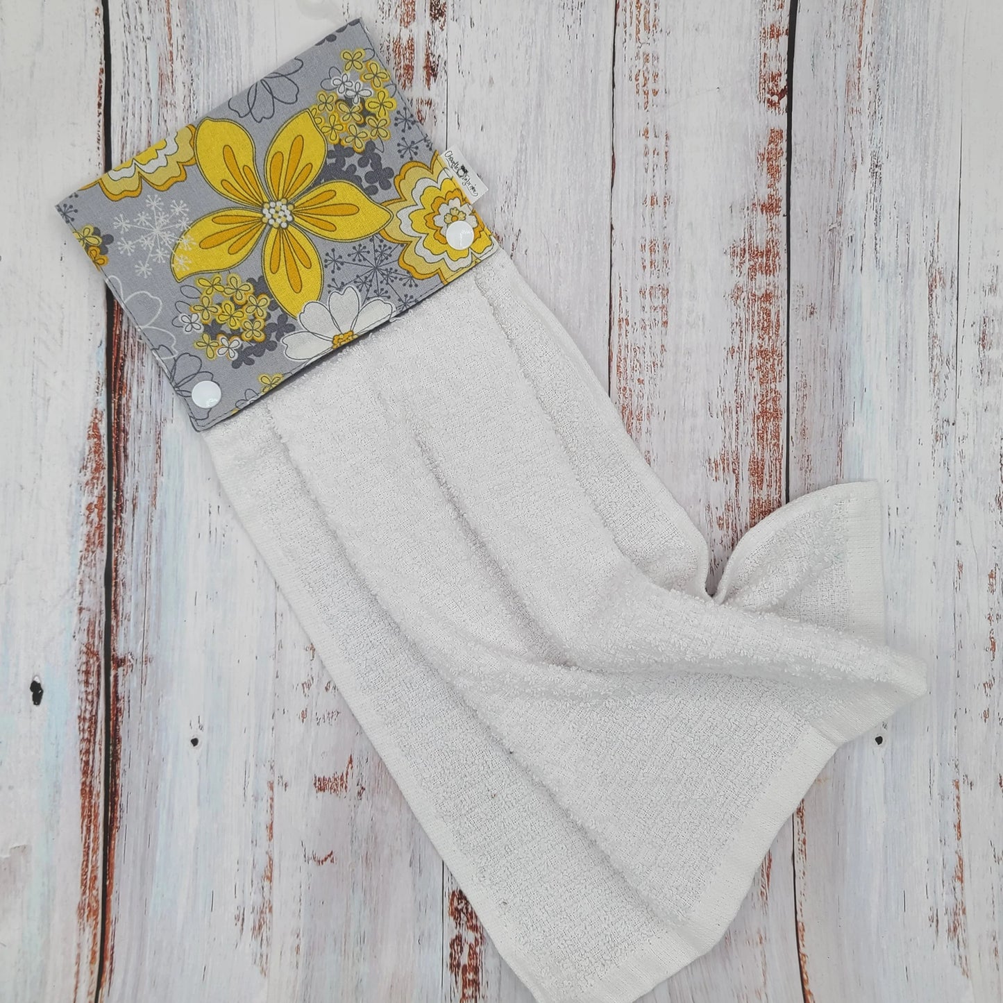 Essuie-mains - Serviette à mains - Cuisine/VR(Camping) - Serviette blanche - Fleurs jaunes fond gris