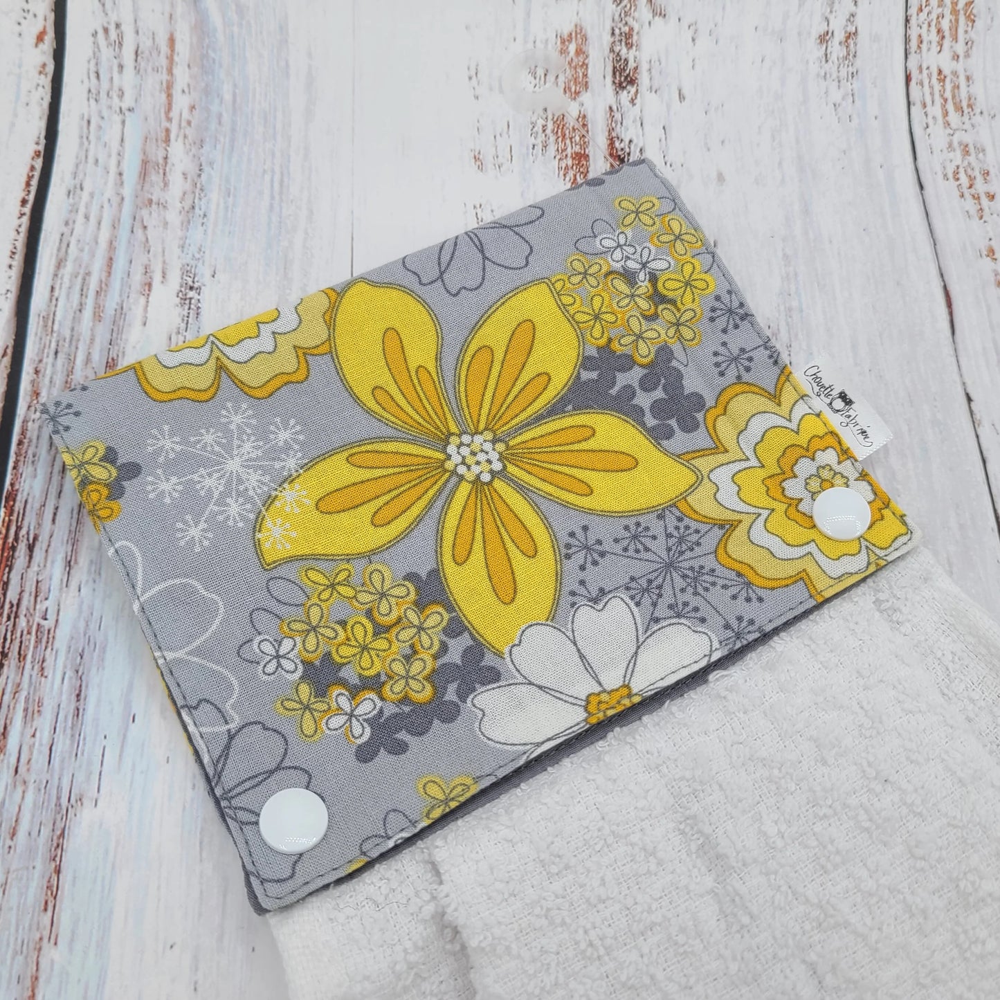 Essuie-mains - Serviette à mains - Cuisine/VR(Camping) - Serviette blanche - Fleurs jaunes fond gris