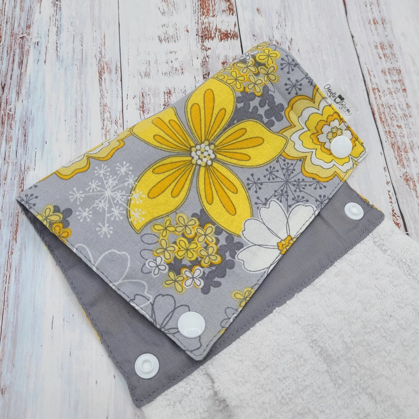 Essuie-mains - Serviette à mains - Cuisine/VR(Camping) - Serviette blanche - Fleurs jaunes fond gris