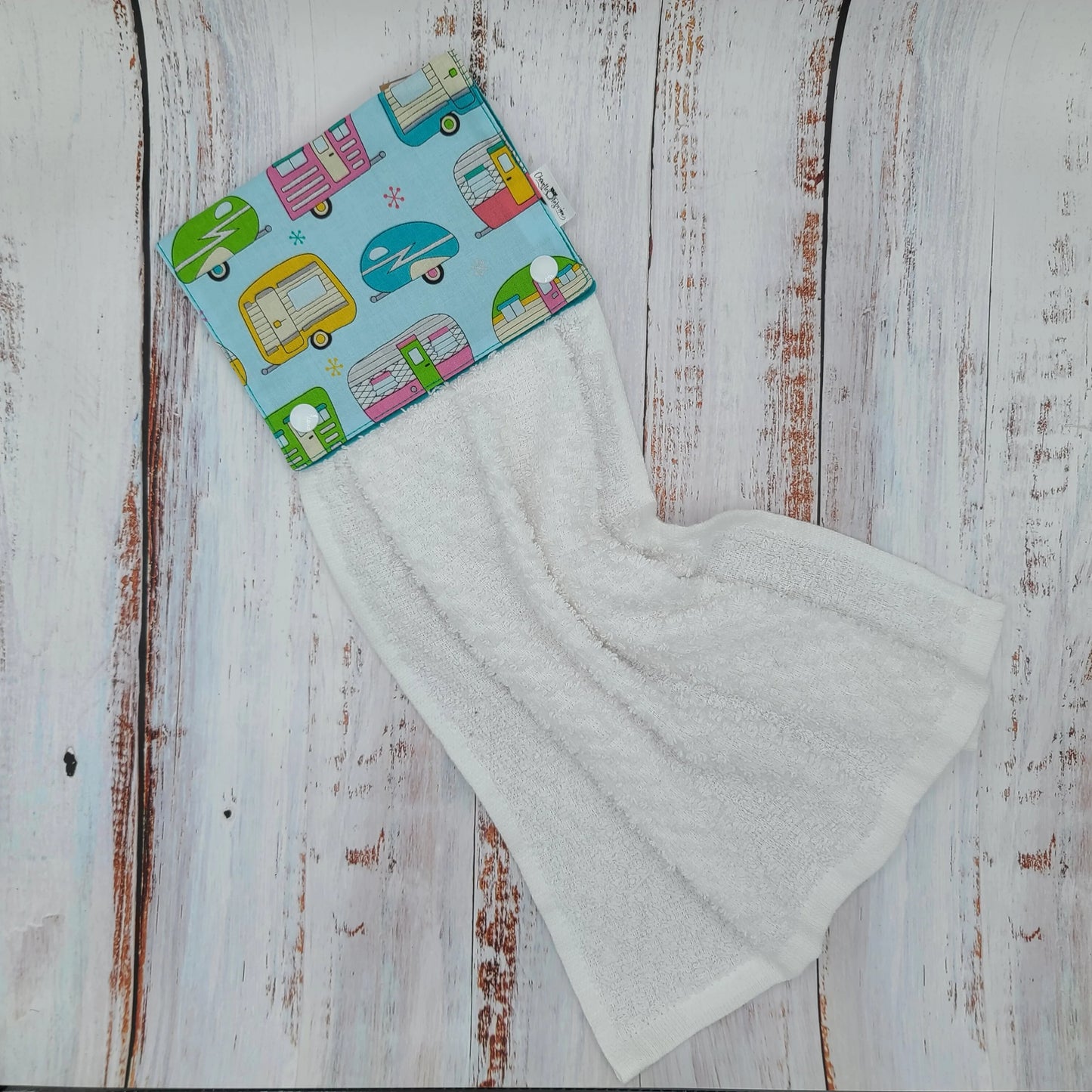 Essuie-mains - Serviette à mains - Cuisine/VR(Camping) - Serviette blanche - Roulottes (Fond bleu)