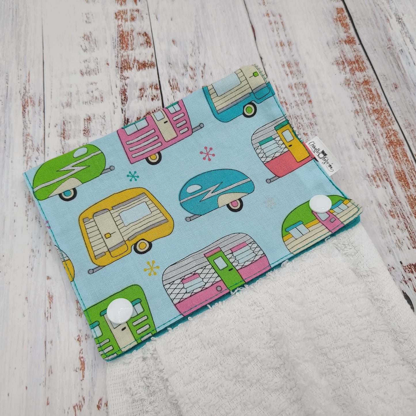Essuie-mains - Serviette à mains - Cuisine/VR(Camping) - Serviette blanche - Roulottes (Fond bleu)