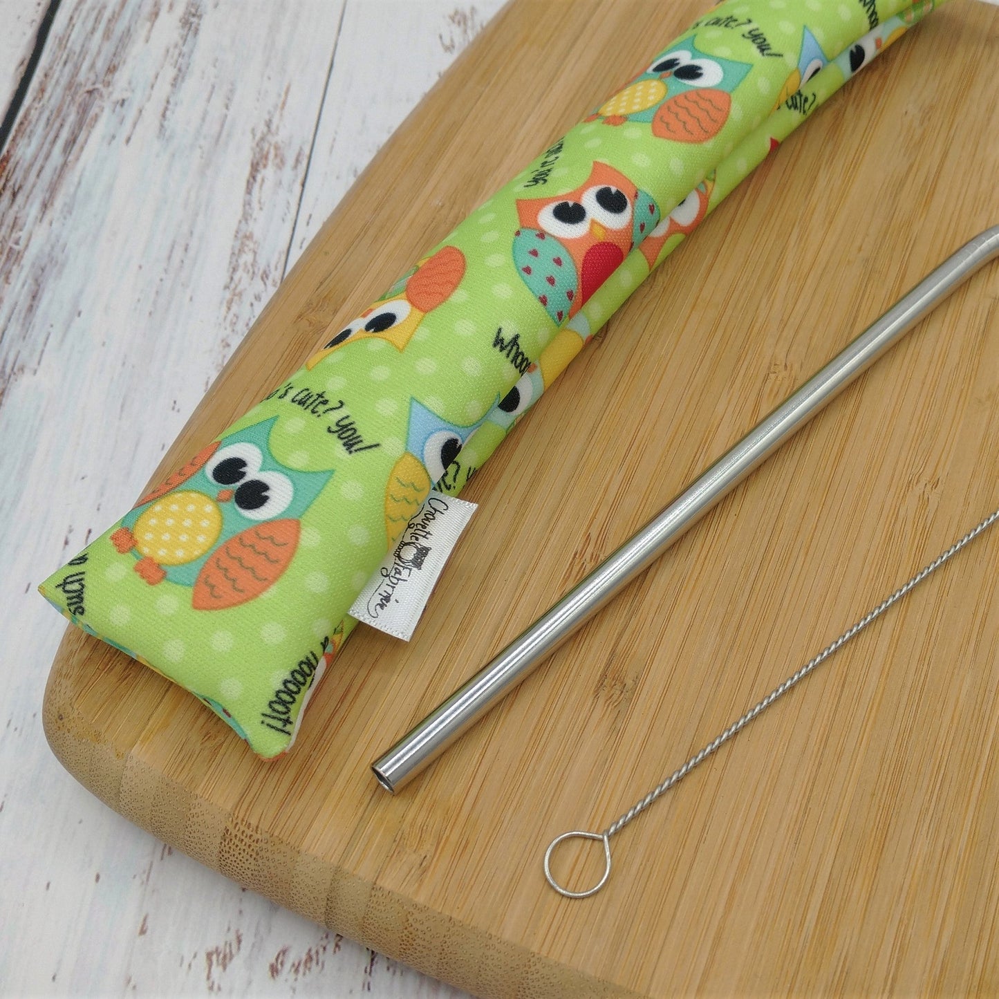 Ensemble "Paille, brosse et pochette de rangement" - Réutilisable, lavable et imperméable - Hiboux