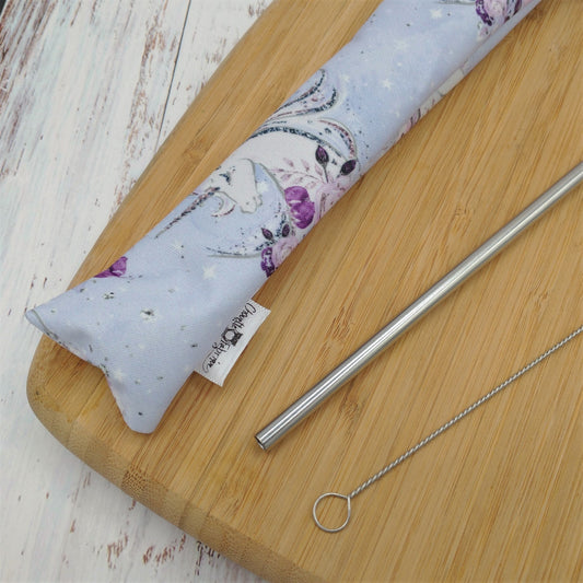 Ensemble "Paille, brosse et pochette de rangement" - Réutilisable, lavable et imperméable - Licornes Lilas