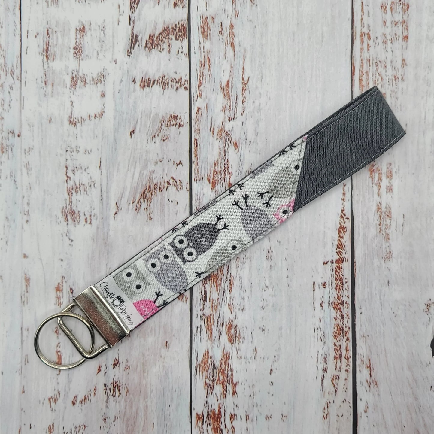 Porte-clé - PERSONNALISÉ - Dragonne - Poignet - Hiboux - Gris et Rose
