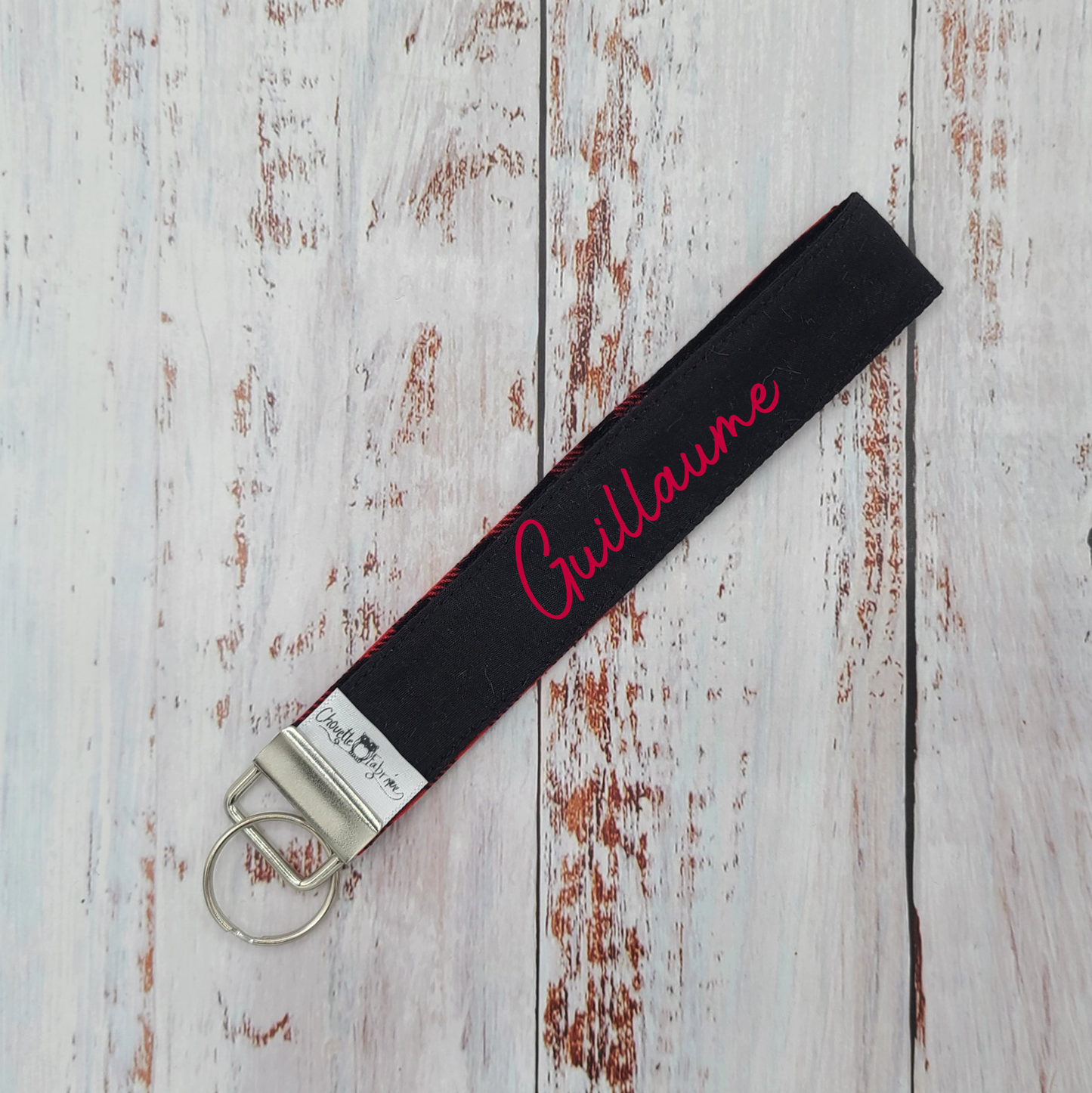 Porte-clé - PERSONNALISÉ - Dragonne - Poignet - Carreaux Noirs/Rouges - Bande noire