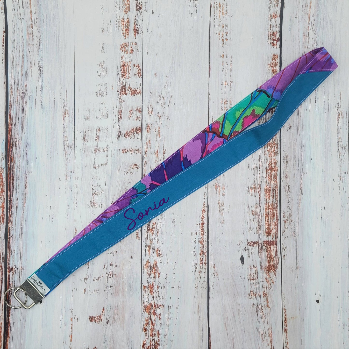 Porte-clé personnalisé (Prénom, Nom, Petite pensée, Enseignants, Merci) - Dragonne - Fleurs Lilas/Violet/Teal/Fuchsia - Bande teal