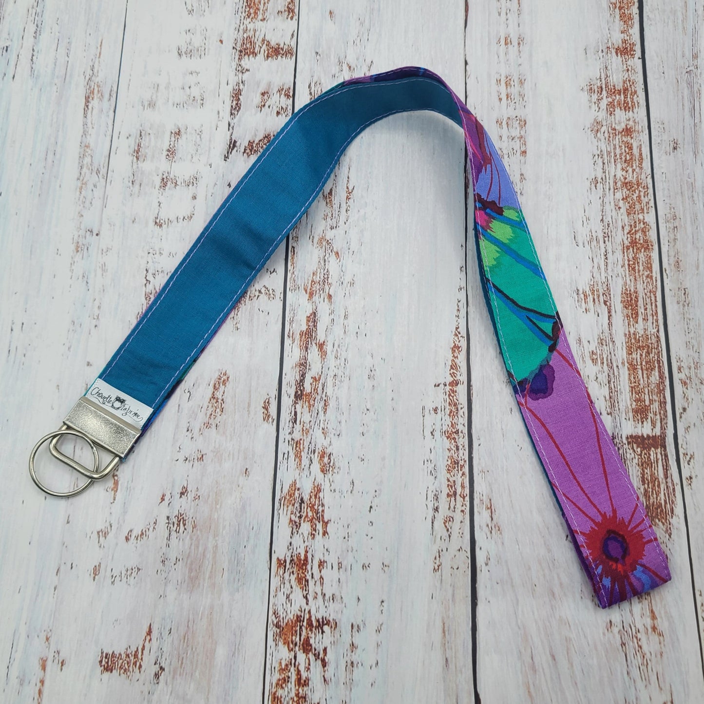 Porte-clé personnalisé (Prénom, Nom, Petite pensée, Enseignants, Merci) - Dragonne - Fleurs Lilas/Violet/Teal/Fuchsia - Bande teal