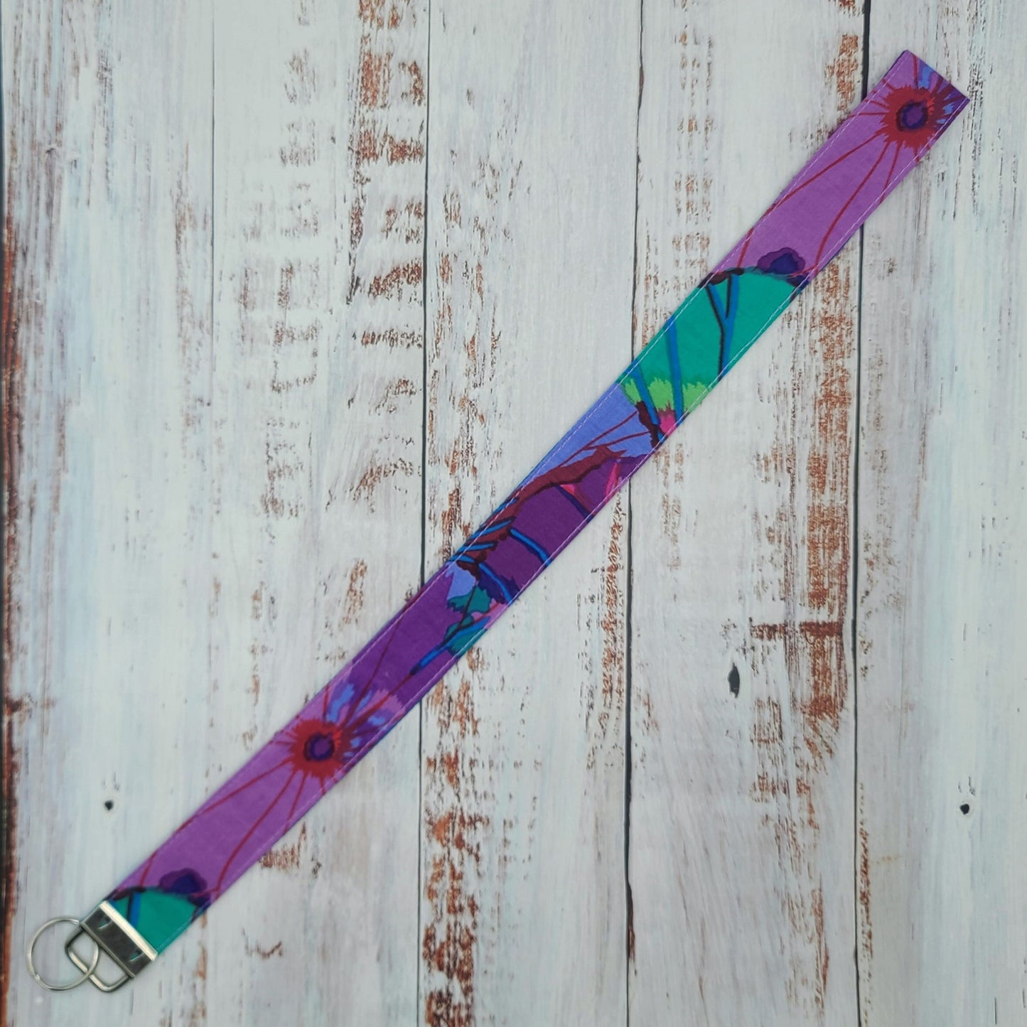 Porte-clé personnalisé (Prénom, Nom, Petite pensée, Enseignants, Merci) - Dragonne - Fleurs Lilas/Violet/Teal/Fuchsia - Bande teal