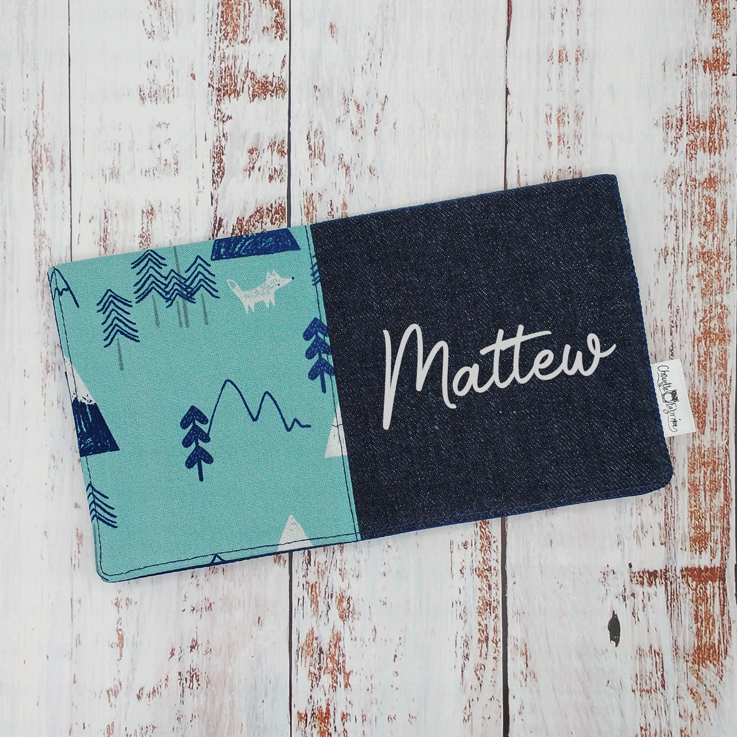 Protège-carnet de santé - Vaccination - Personnalisé - Montagnes - Boho - Marine et bleu ciel