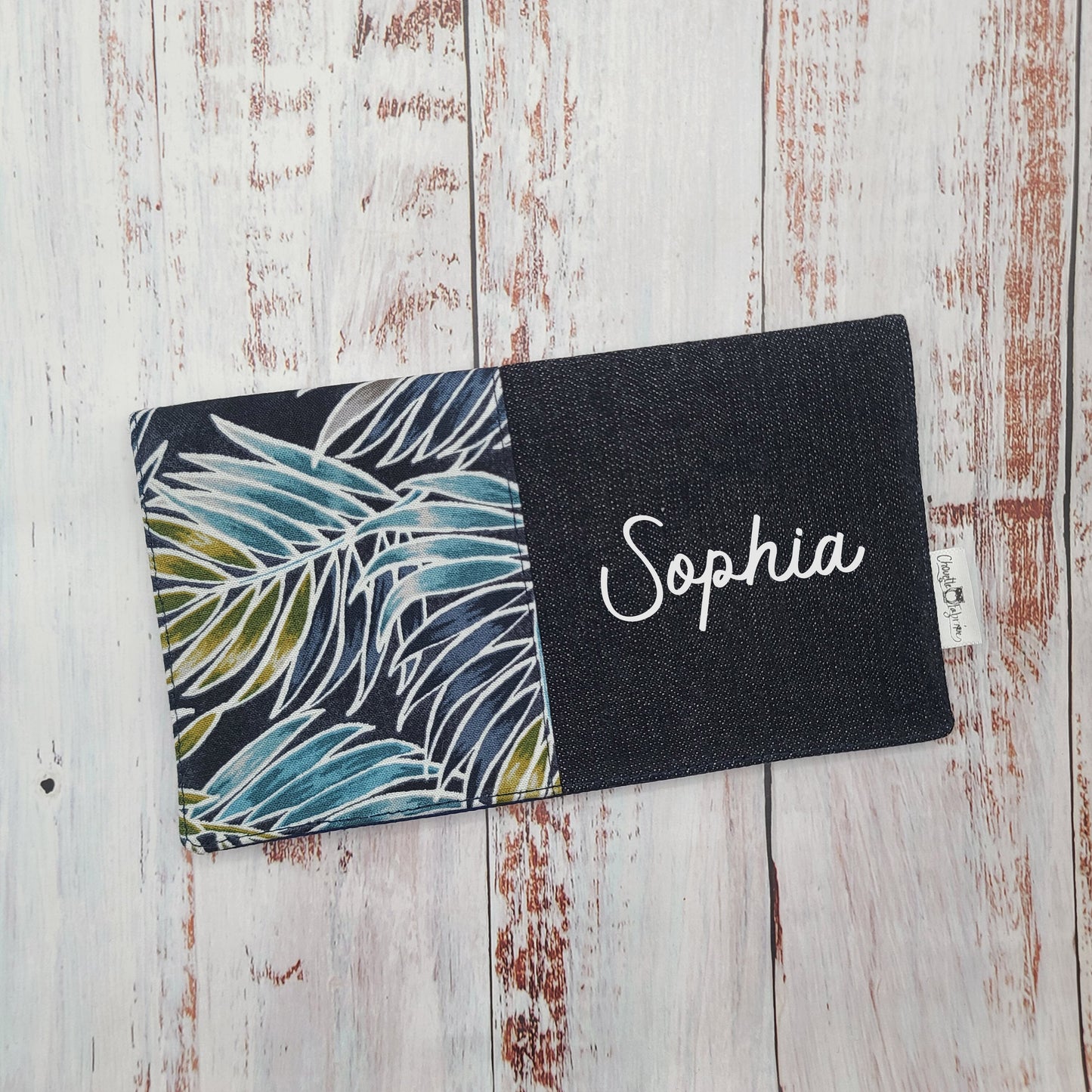 Protège-carnet de santé - Vaccination - Personnalisé - Fleurs - Feuillage teal & marine