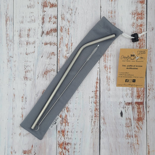 Ensemble "Paille, brosse et pochette de rangement" - Réutilisable, lavable et imperméable - Gris pâle
