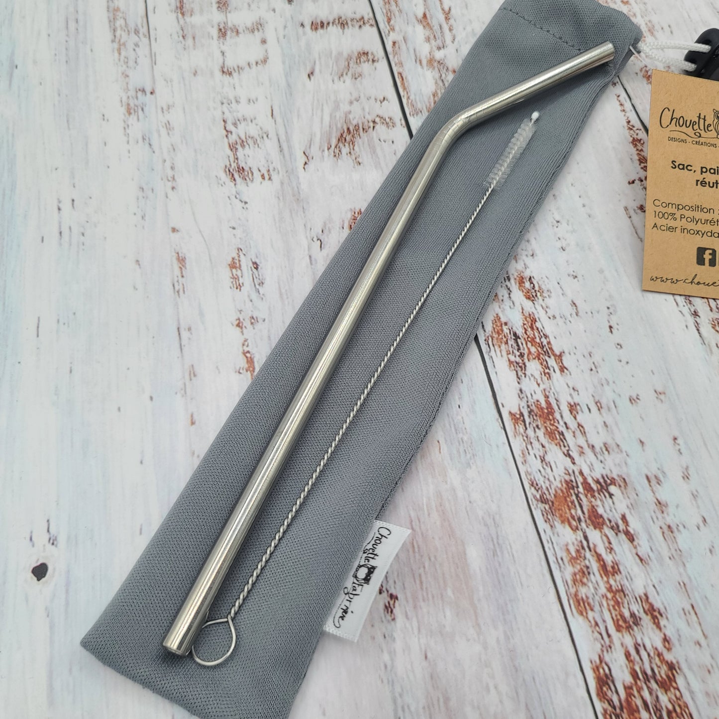 Ensemble "Paille, brosse et pochette de rangement" - Réutilisable, lavable et imperméable - Gris pâle