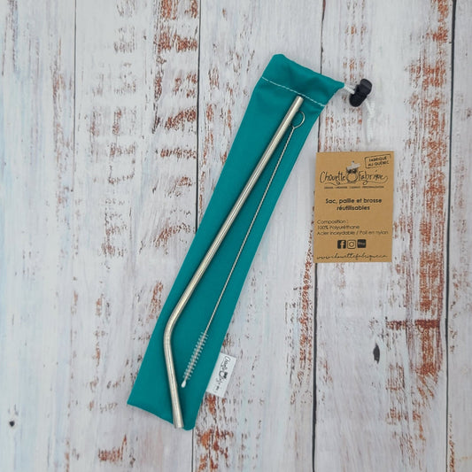 Ensemble "Paille, brosse et pochette de rangement" - Réutilisable, lavable et imperméable - Jade