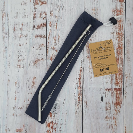 Ensemble "Paille, brosse et pochette de rangement" - Réutilisable, lavable et imperméable - Gris foncé