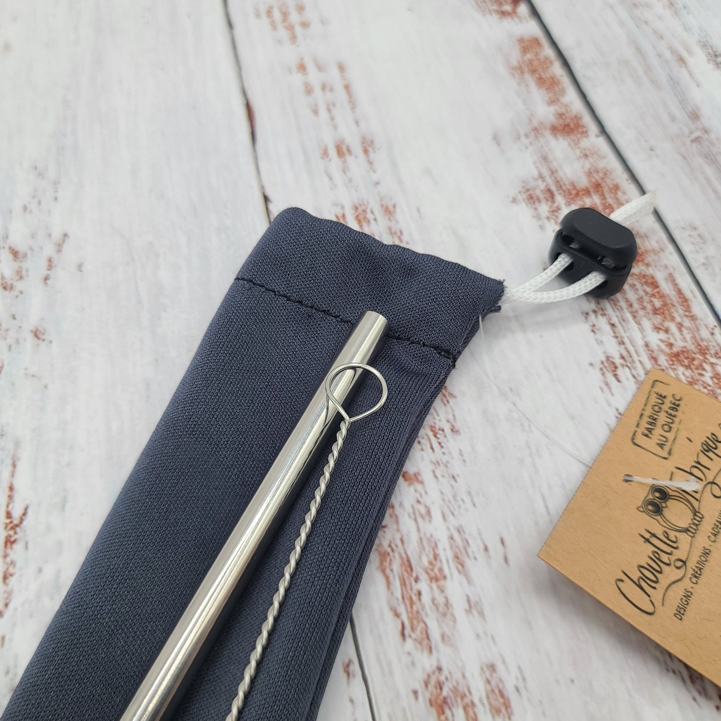 Ensemble "Paille, brosse et pochette de rangement" - Réutilisable, lavable et imperméable - Gris foncé