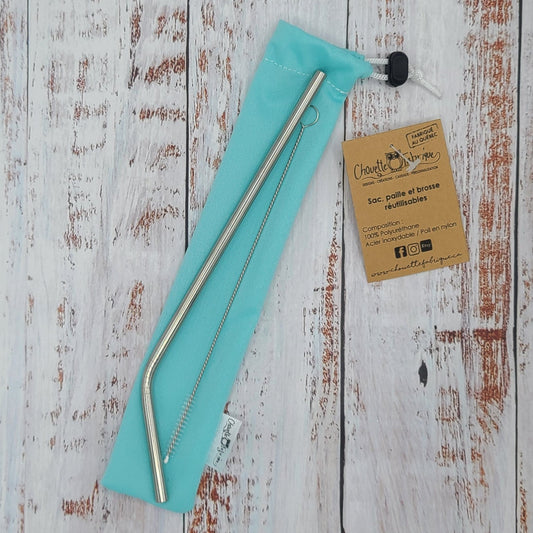 Ensemble "Paille, brosse et pochette de rangement" - Réutilisable, lavable et imperméable - Menthe