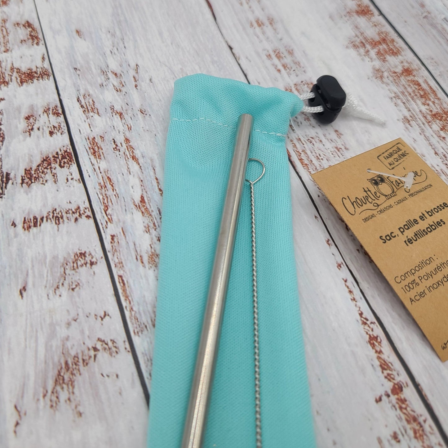 Ensemble "Paille, brosse et pochette de rangement" - Réutilisable, lavable et imperméable - Menthe